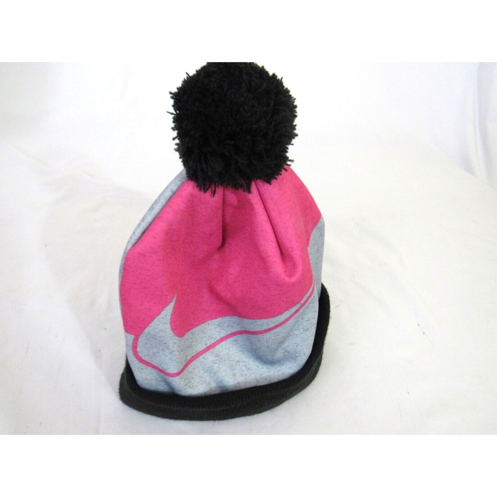 Nike Pink Gray Black Knit Cuff Beanie Skull‎ Cap Pom Pom Youth Boy's 8-20 - Picture 3 of 5